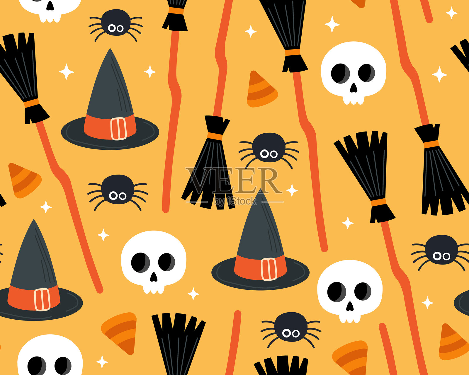 万圣节无缝图案。魔术万圣节卡通插图在一个橙色的背景。女巫帽和扫帚,骷髅头,蜘蛛,玉米糖。插画图片素材