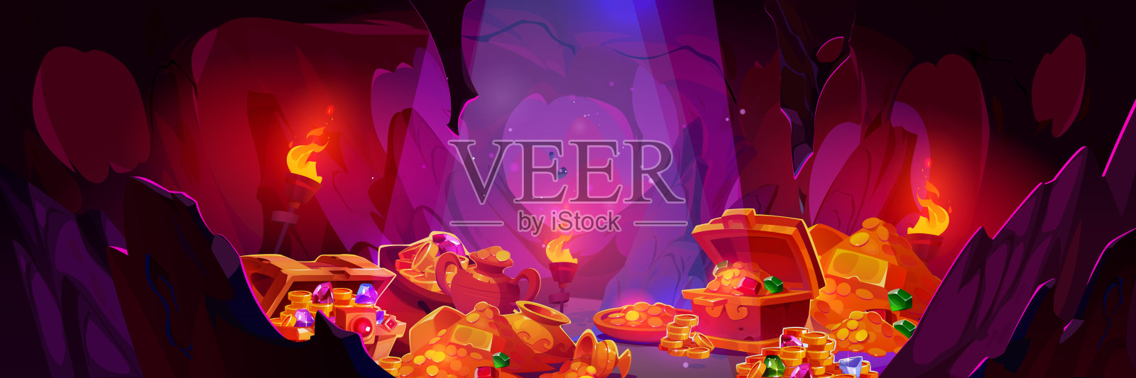 宝藏洞里有成堆的金子插画图片素材