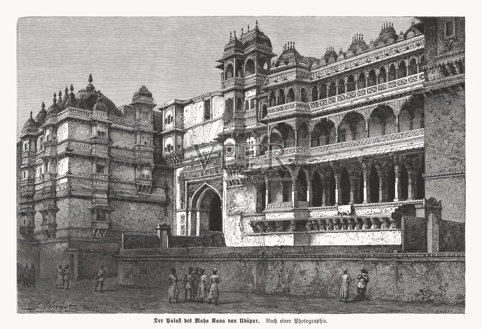 印度拉贾斯坦邦乌代普尔城市宫殿,木版雕刻,1880年出版插画图片素材