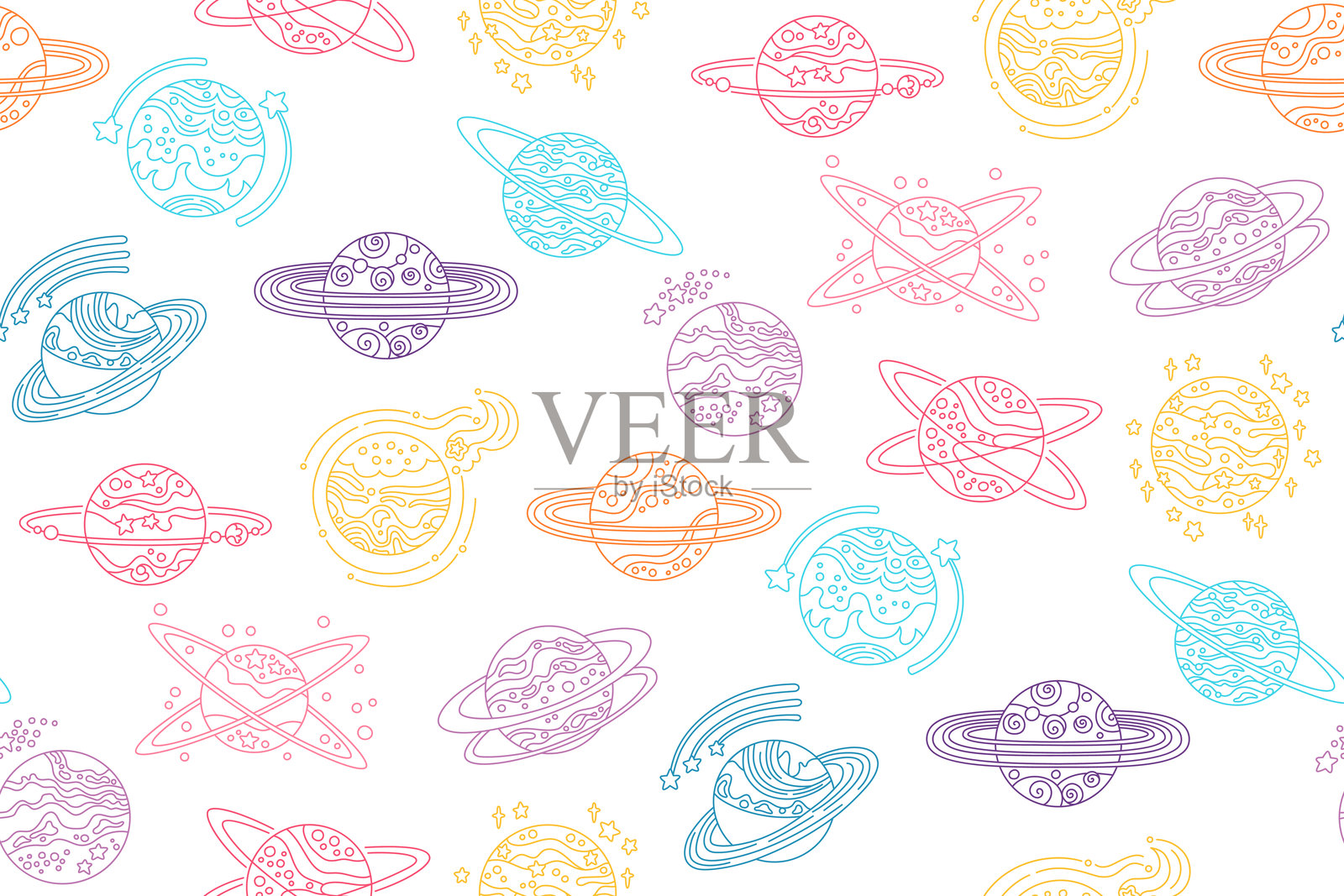 幻想星球无缝图案涂鸦星球无边背景无尽宇宙空间重复艺术插画图片素材