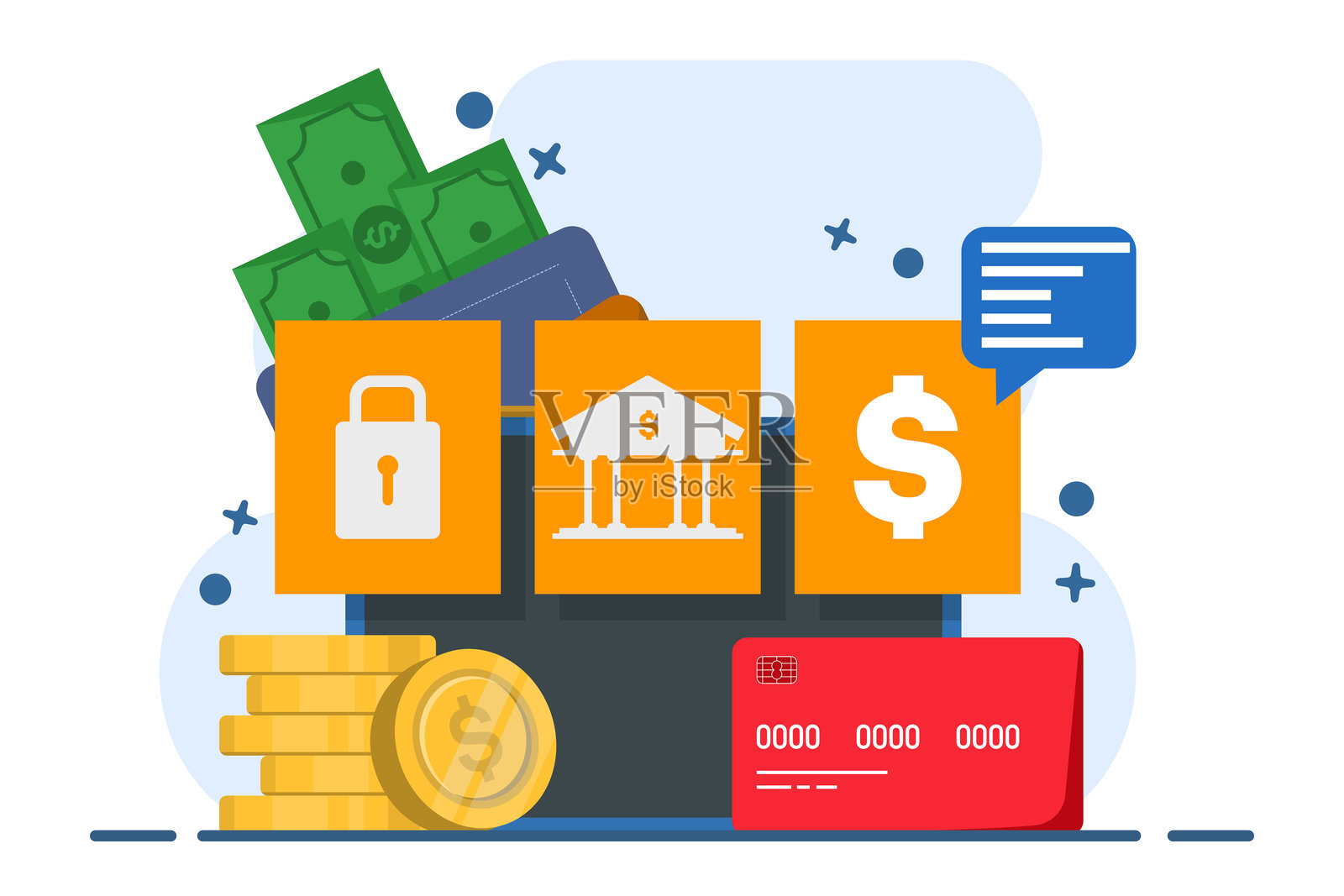 网上购物用信用卡付账的概念。支付处理、金融交易、转账、银行卡、用于购买流程的电子钱包、货币。插画图片素材