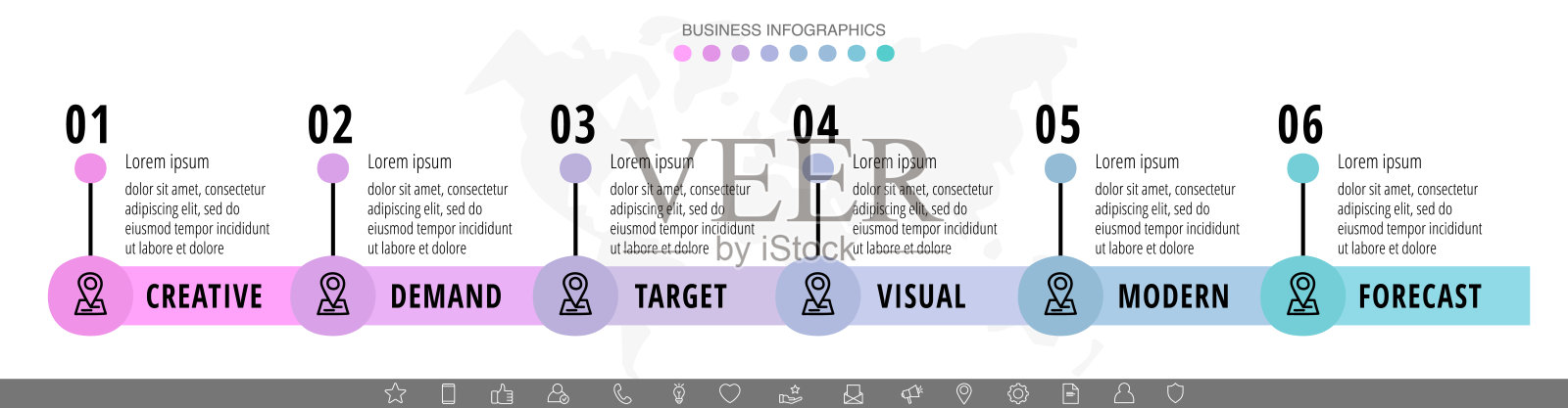 矢量手绘信息图表与6个圆圈和标签。现代概念图形过程模板与六个步骤和符号。商业项目的时间表草图插画图片素材