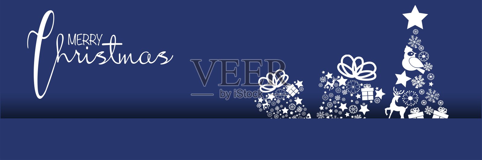 矢量圣诞快乐网页横幅与礼物,圣诞树,装饰球插画图片素材