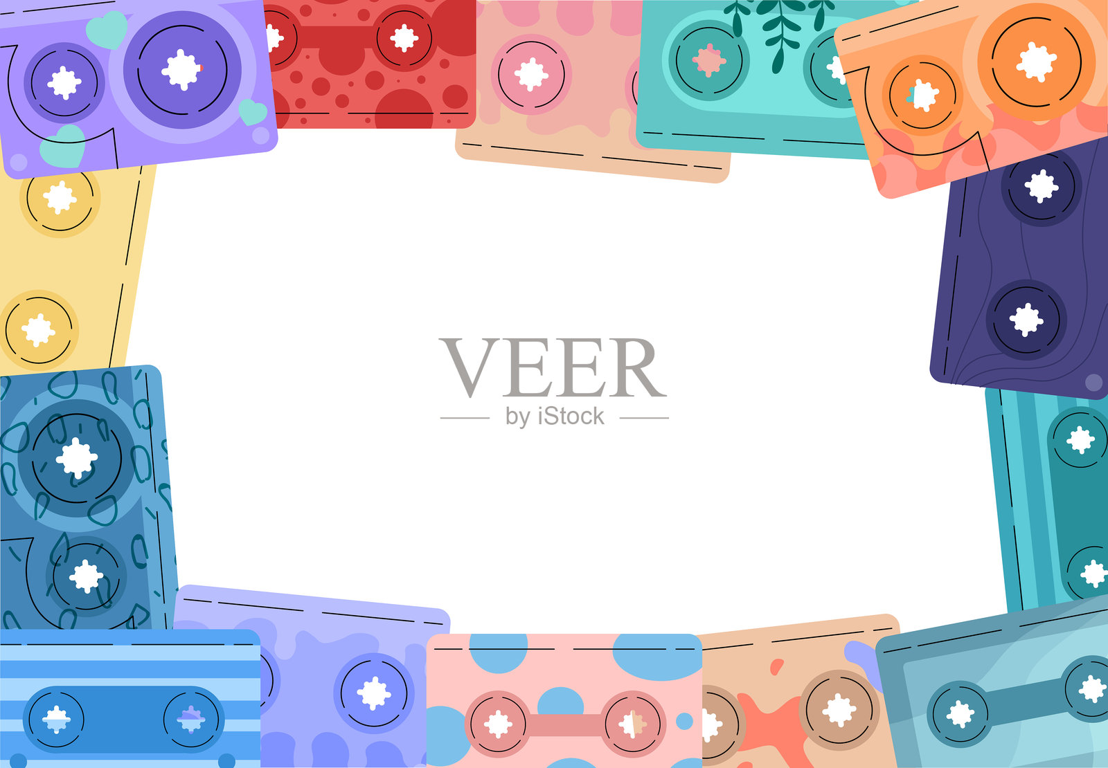 磁带背景。红色,黄色,绿色和蓝色的复古音频存储。音乐爱好者的电子产品。有喜欢的歌曲,专辑和播放列表的盒子。平面矢量图插画图片素材