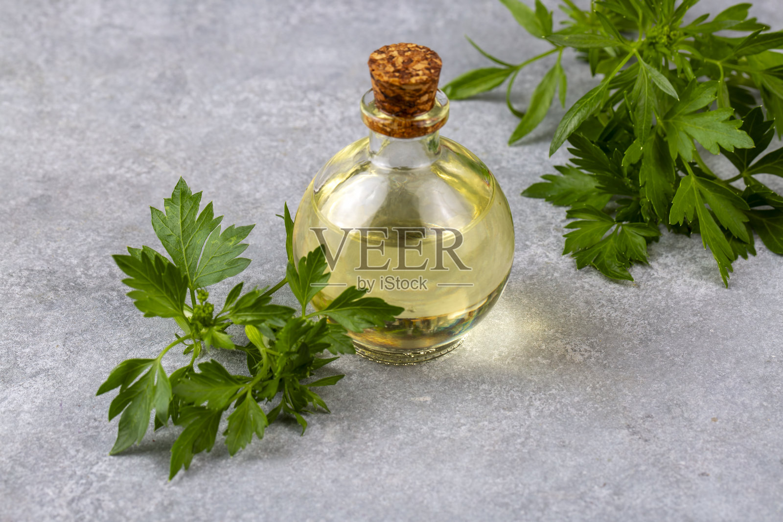 旧木桌上的玻璃瓶里装着香芹精油。石竹提取物。健康食品,草药或自然疗法的概念。照片摄影图片