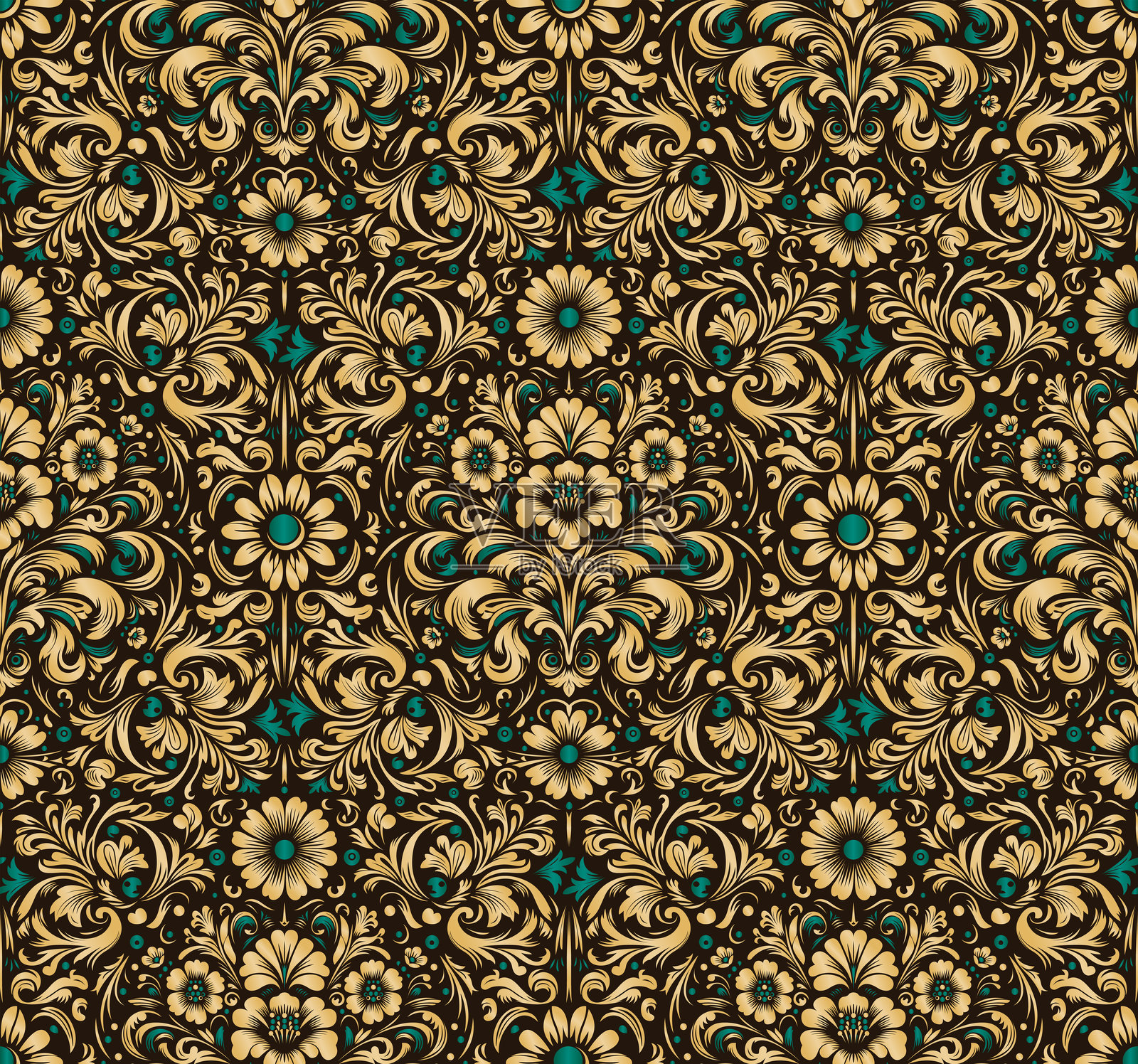 金色绿松石无缝图案背景装饰墙纸插画图片素材