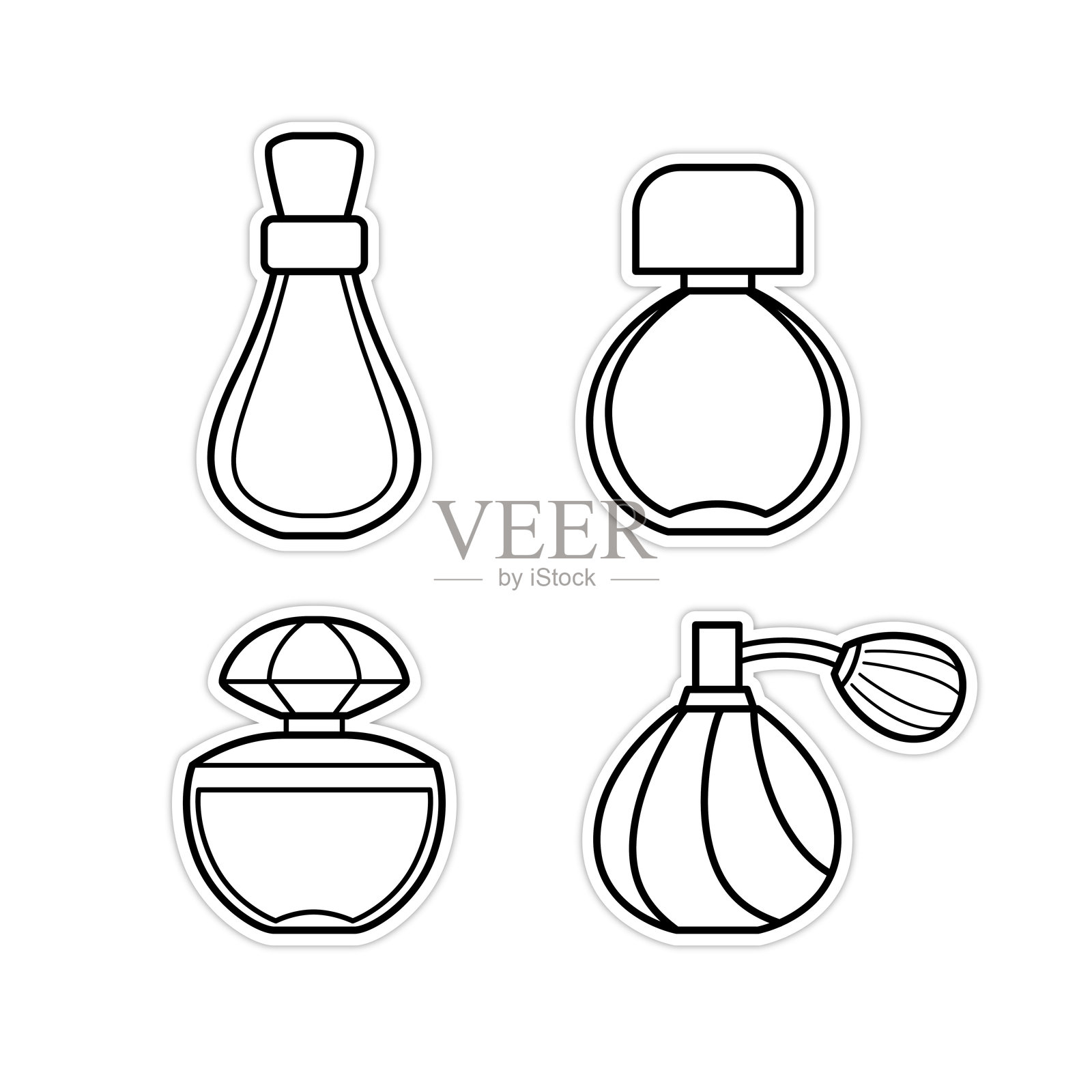 矢量插图集香水瓶代表香水和豪华的黑色和白色绘图为孩子们学习根据图片的颜色。插画图片素材