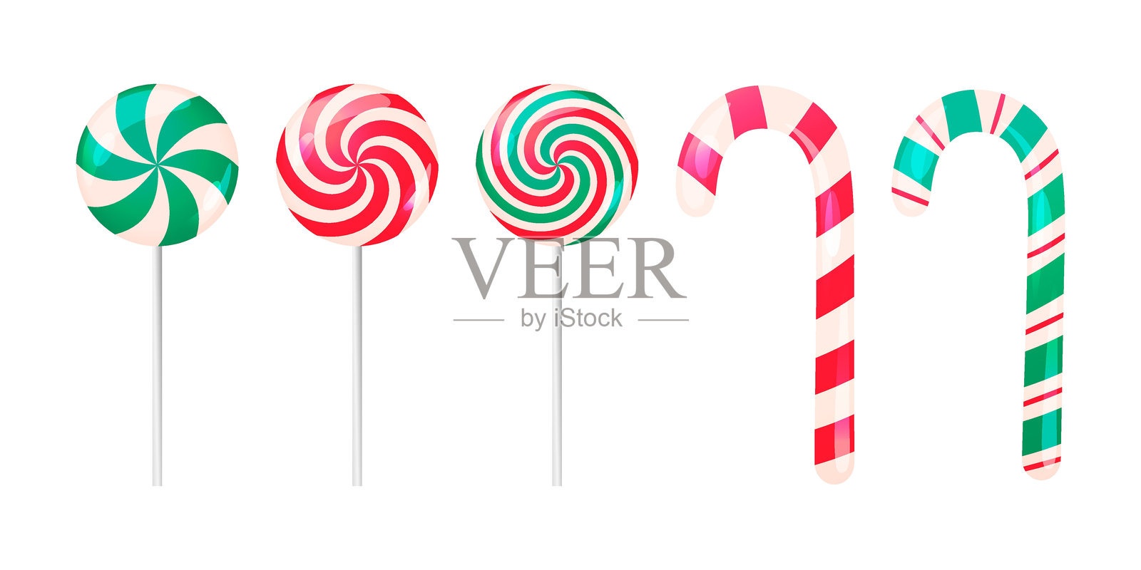 圣诞糖果,拐杖糖和棒棒糖矢量集。孤立的插图传统的条纹糖果,冬季节日的甜蜜待遇插画图片素材
