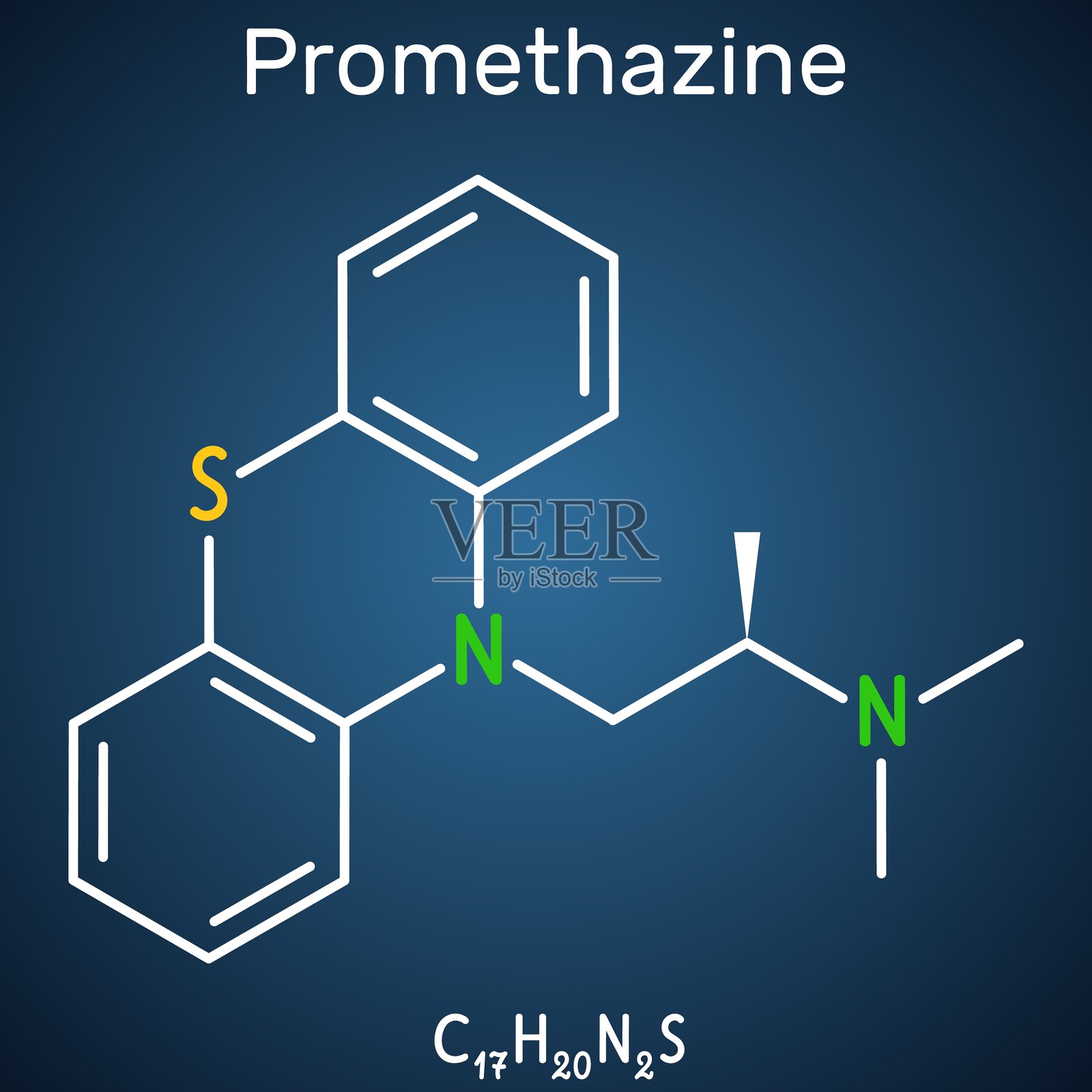 异丙嗪抗组胺药物分子。结构化学式,深蓝色背景。向量插画图片素材