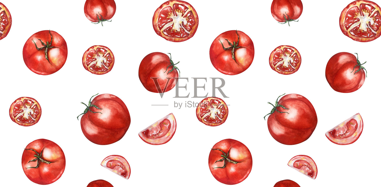 水彩插图。多汁明亮的西红柿。无缝模式。白色背景。系列蔬菜。采购产品包装果汁,番茄酱,家庭厨房纺织品,菜单,烹饪书,食谱,博客,网站插画图片素材