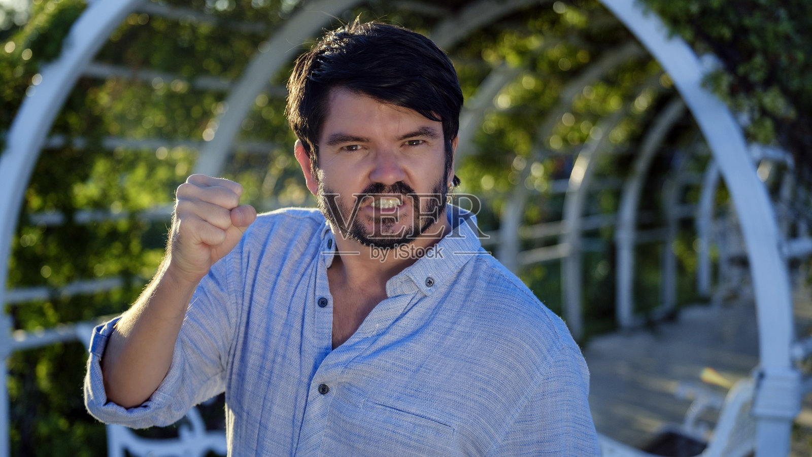 夏日里,在一个阳光明媚、绿树成荫的公园里,一位身穿衬衫、黑发的中年商人带着愤怒的表情看着镜头照片摄影图片