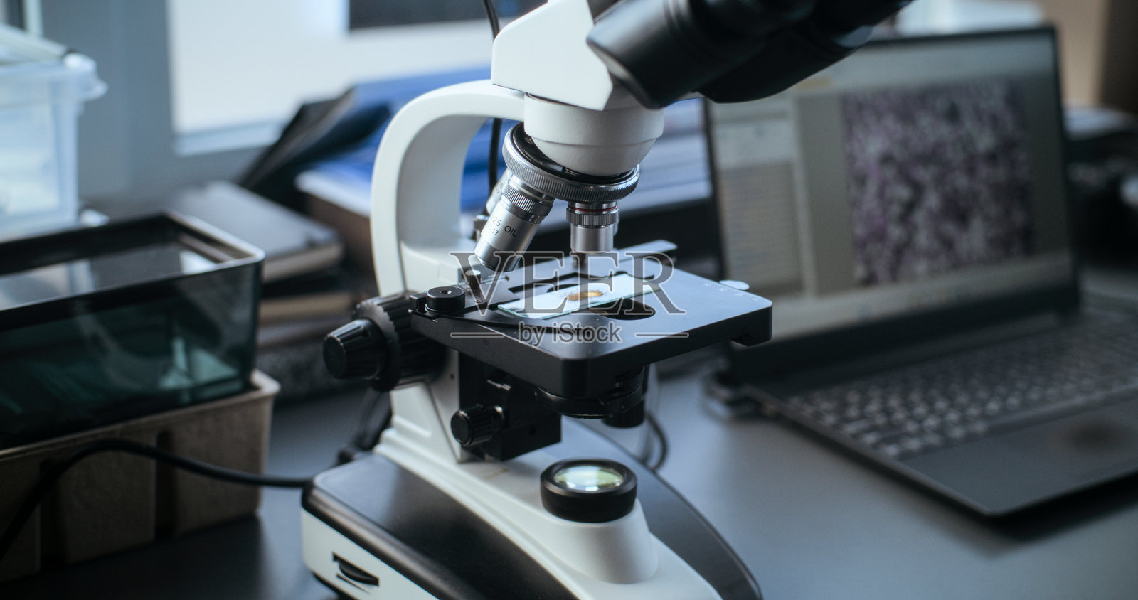 显微镜和样品放在玻片上,笔记本电脑放在桌子上照片摄影图片
