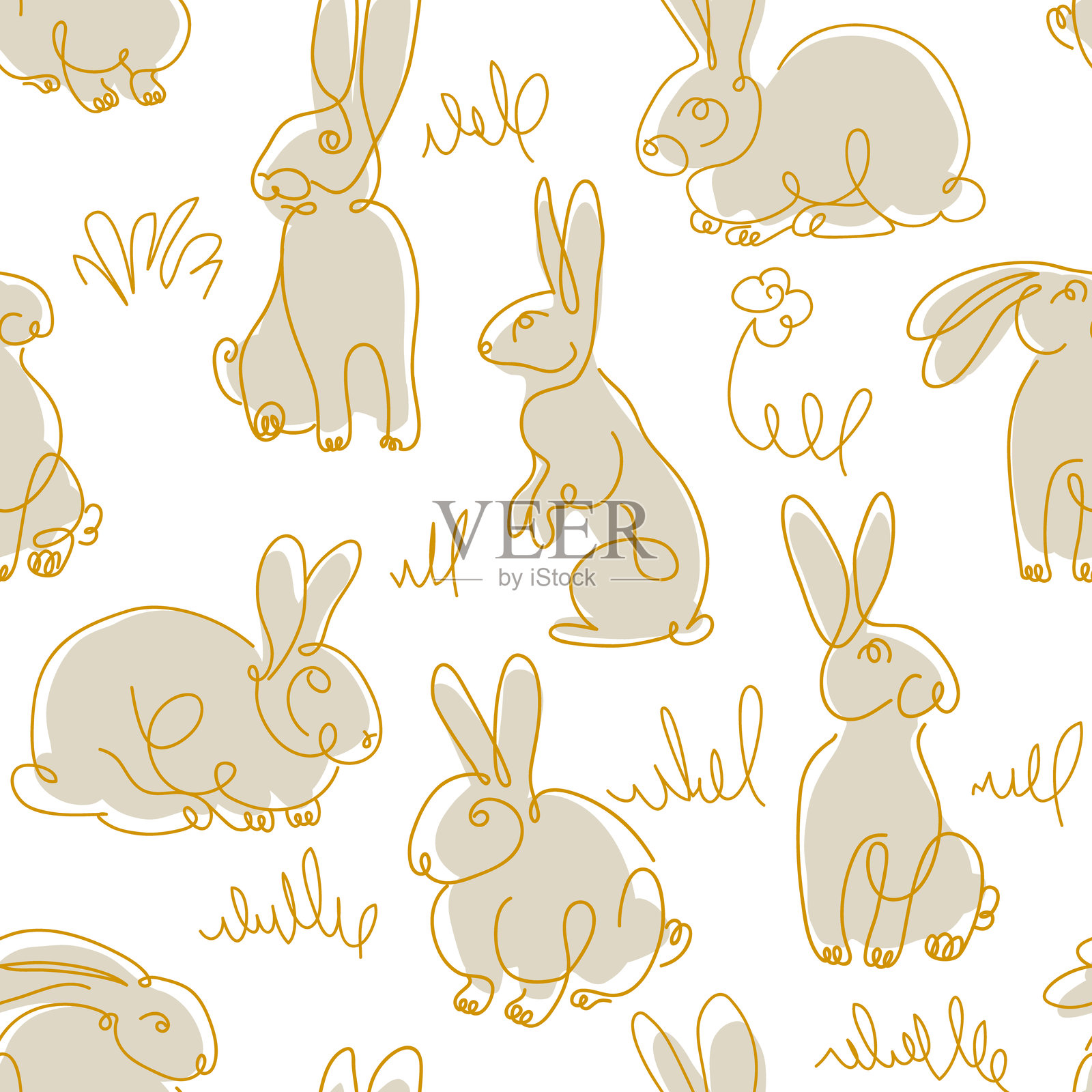 一条线绘制兔子无缝矢量图案。复活节的背景插画图片素材