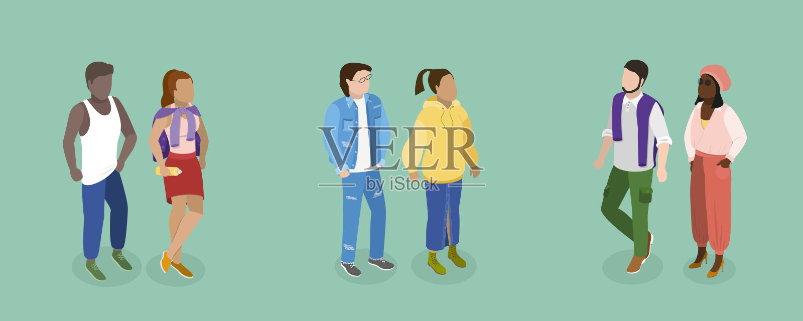 三维等距平面矢量集的时尚夫妇插画图片素材