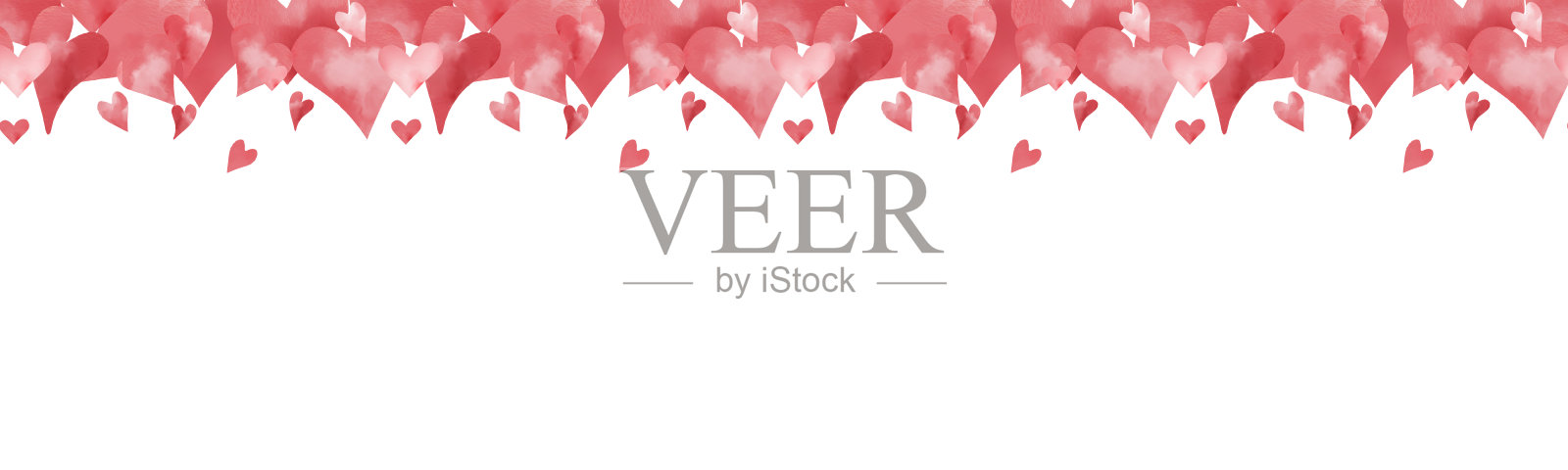 可爱的情人节爱心无缝边界。水彩插图在数字风格。粉红色和红色的心情人节的问候,水平边界,隔离在一个白色的背景。插画图片素材