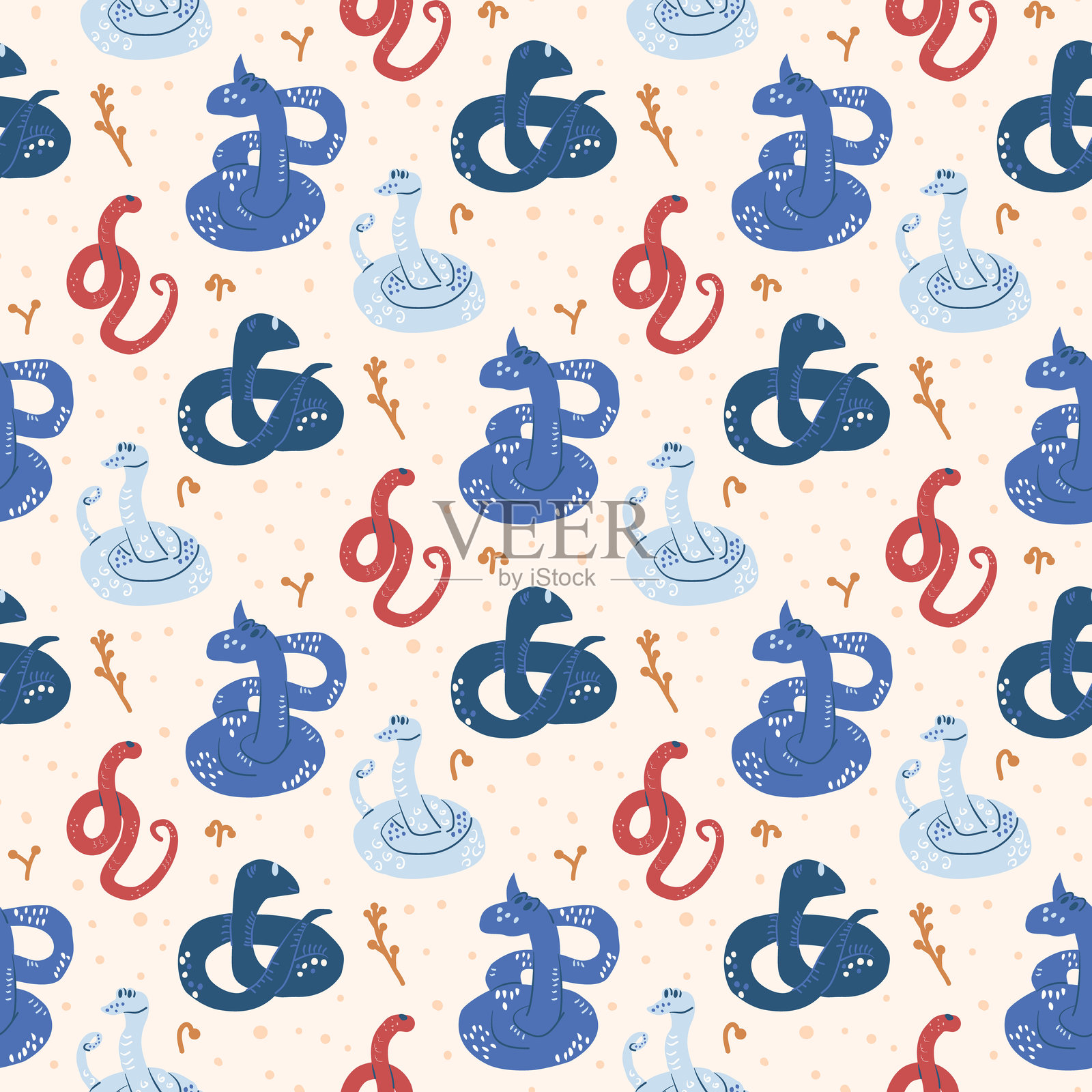 彩色蛇形图案与花卉元素。动物表面图案设计。矢量手绘插图。插画图片素材