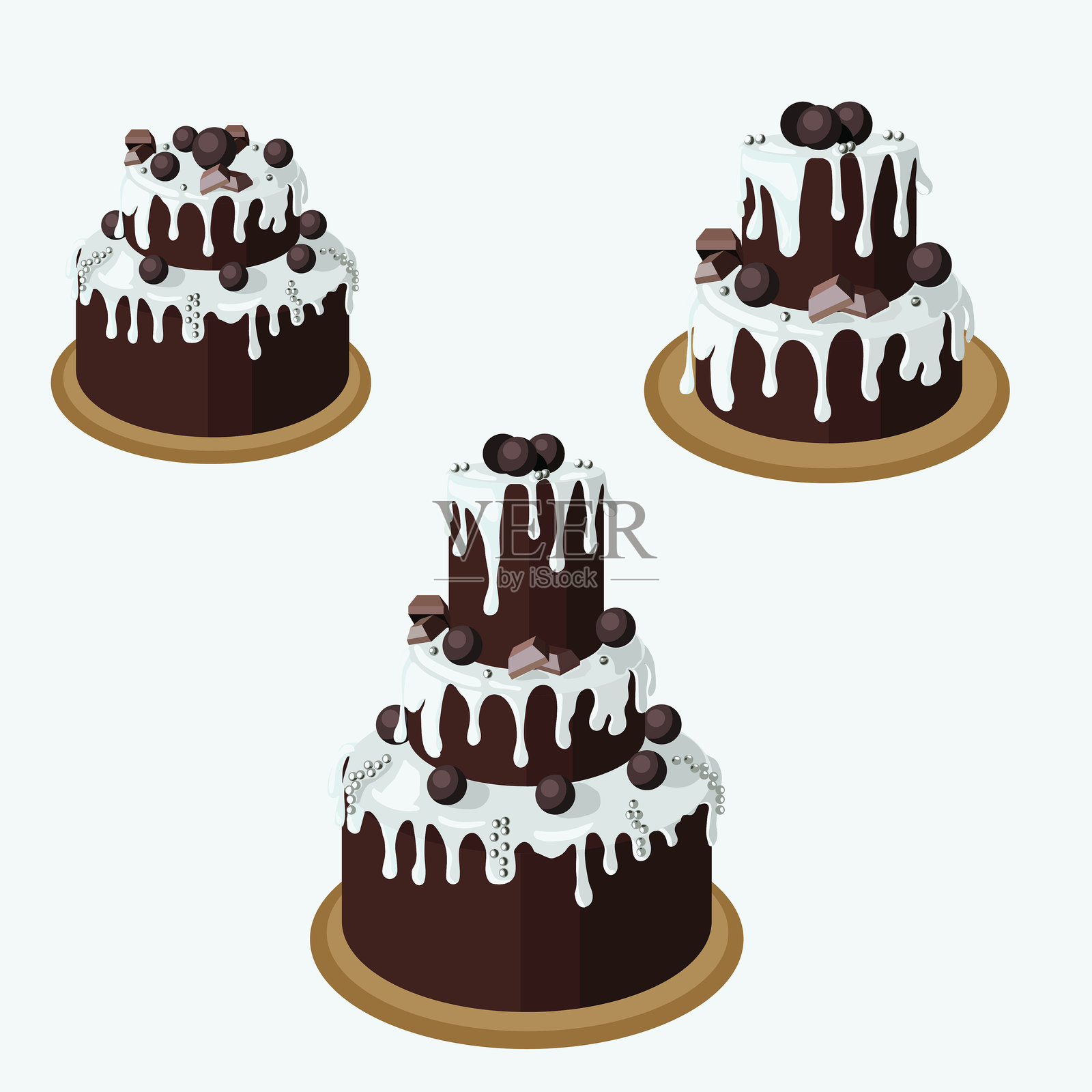 一套卡通风格的巧克力蛋糕。矢量插图隔离在白色背景上。插画图片素材