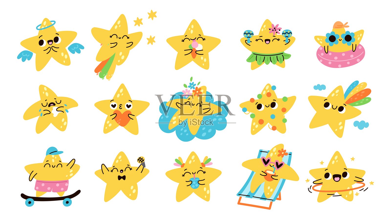 卡通可爱的明星。有趣的人物。不同的情境和姿势。情感表达。快乐的吉祥物。微笑的人士。emoji哭。快乐的飞翔。星光灿烂的海滩放松。格里什向量集插画图片素材