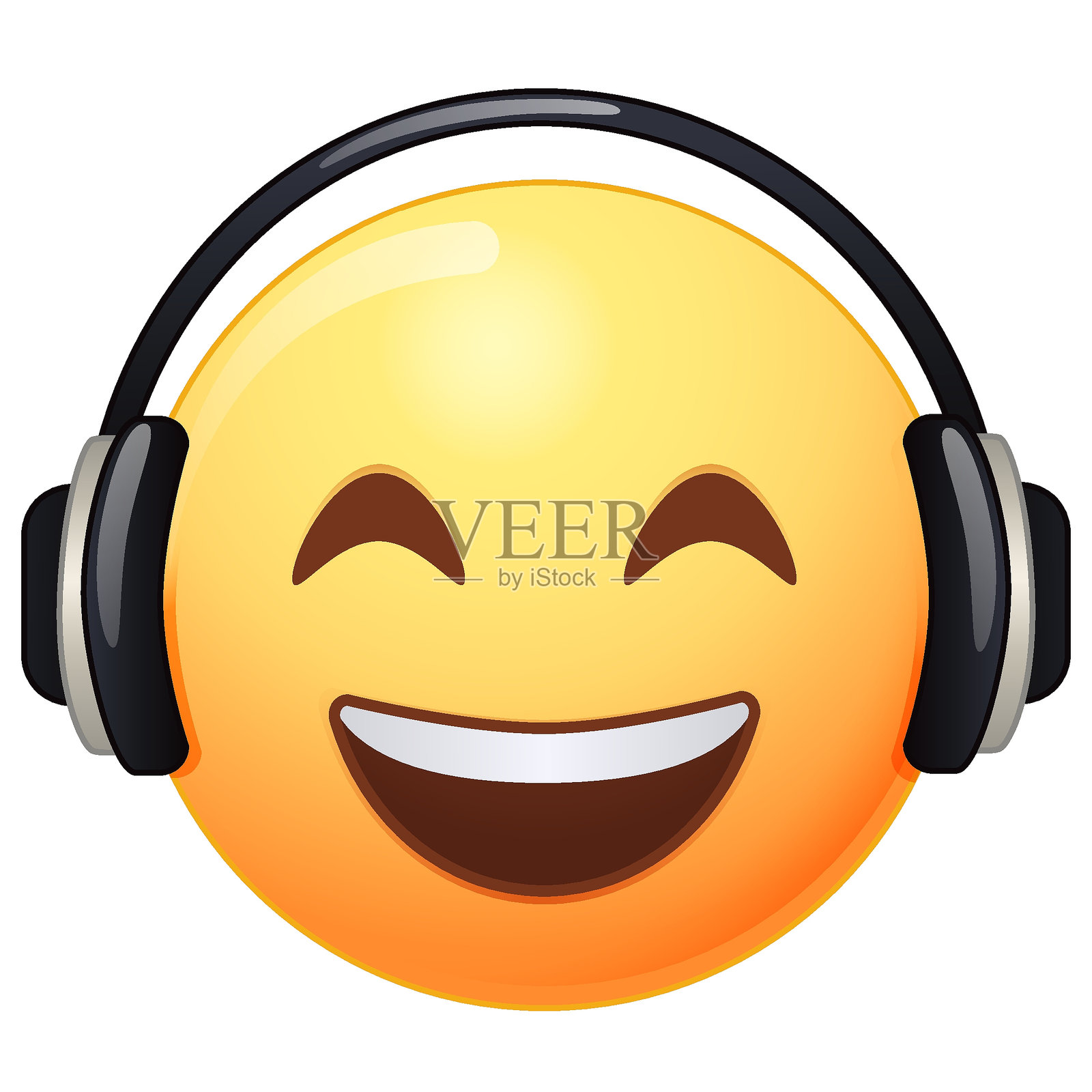 表情符号与耳机听音乐,风格卡通矢量。白底太阳镜上的表情符号。酷emoji插画图片素材