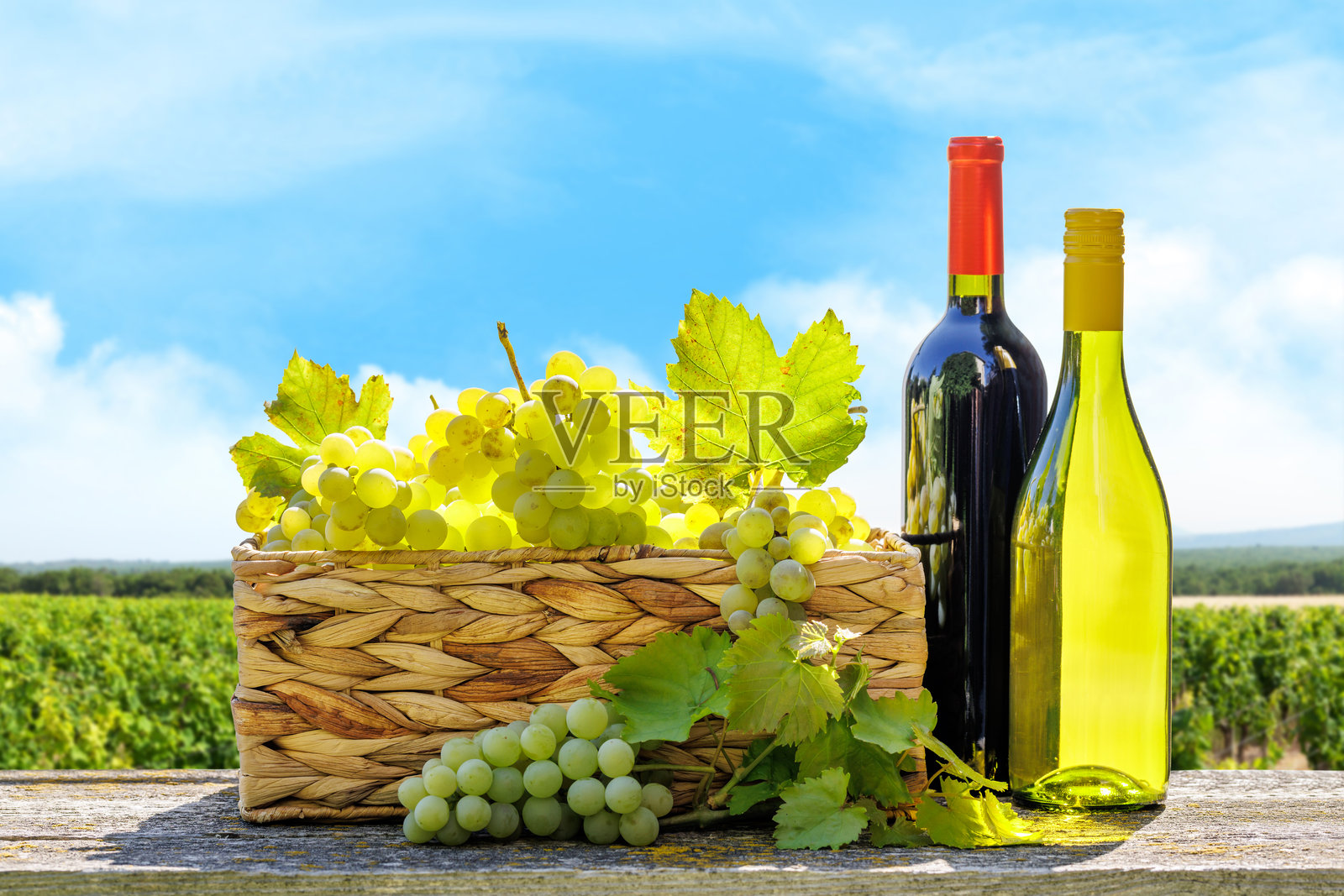 篮子里装满了各种各样的葡萄和一瓶一瓶的红葡萄酒和白葡萄酒照片摄影图片