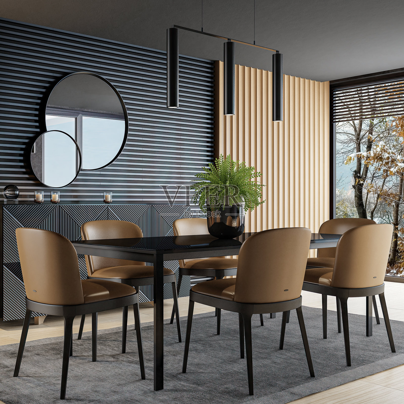 配有现代家具的奢华餐厅内饰照片摄影图片