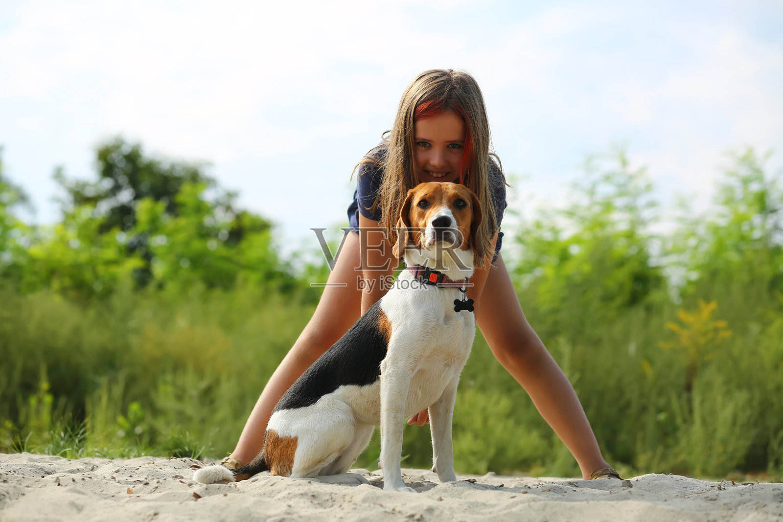 一个女孩和爱沙尼亚猎犬宠物在海滩上的夏日肖像照片摄影图片