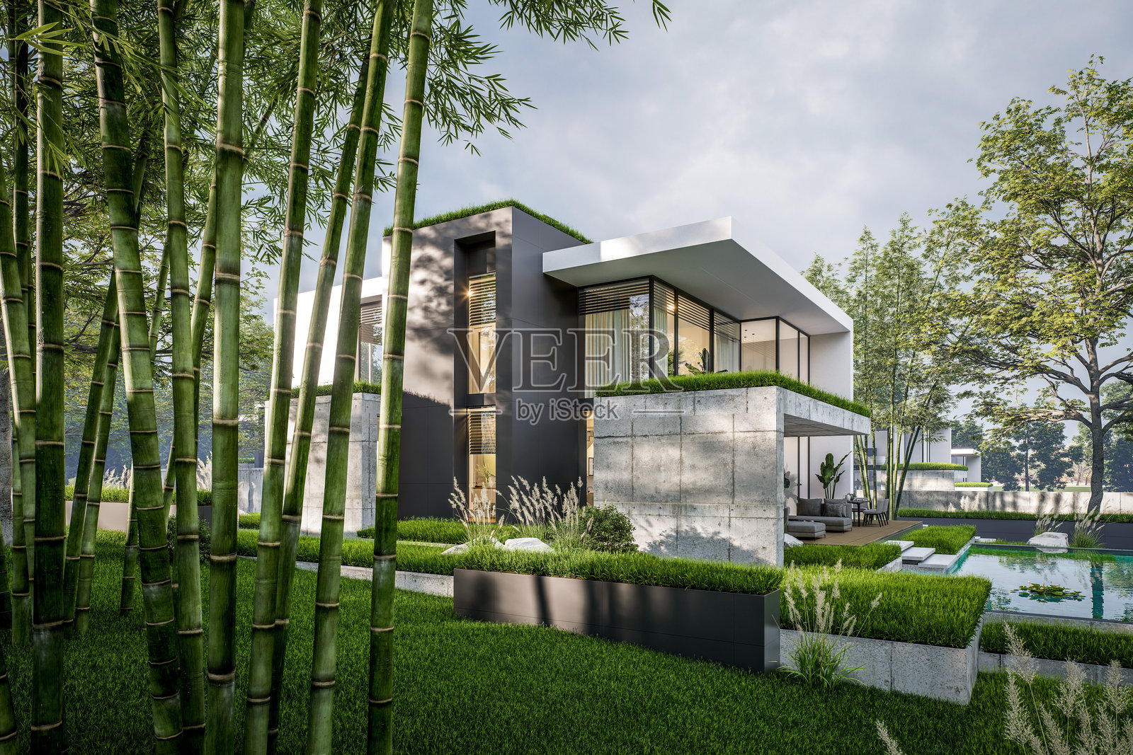 傍晚混凝土外墙的平顶房屋3D渲染照片摄影图片