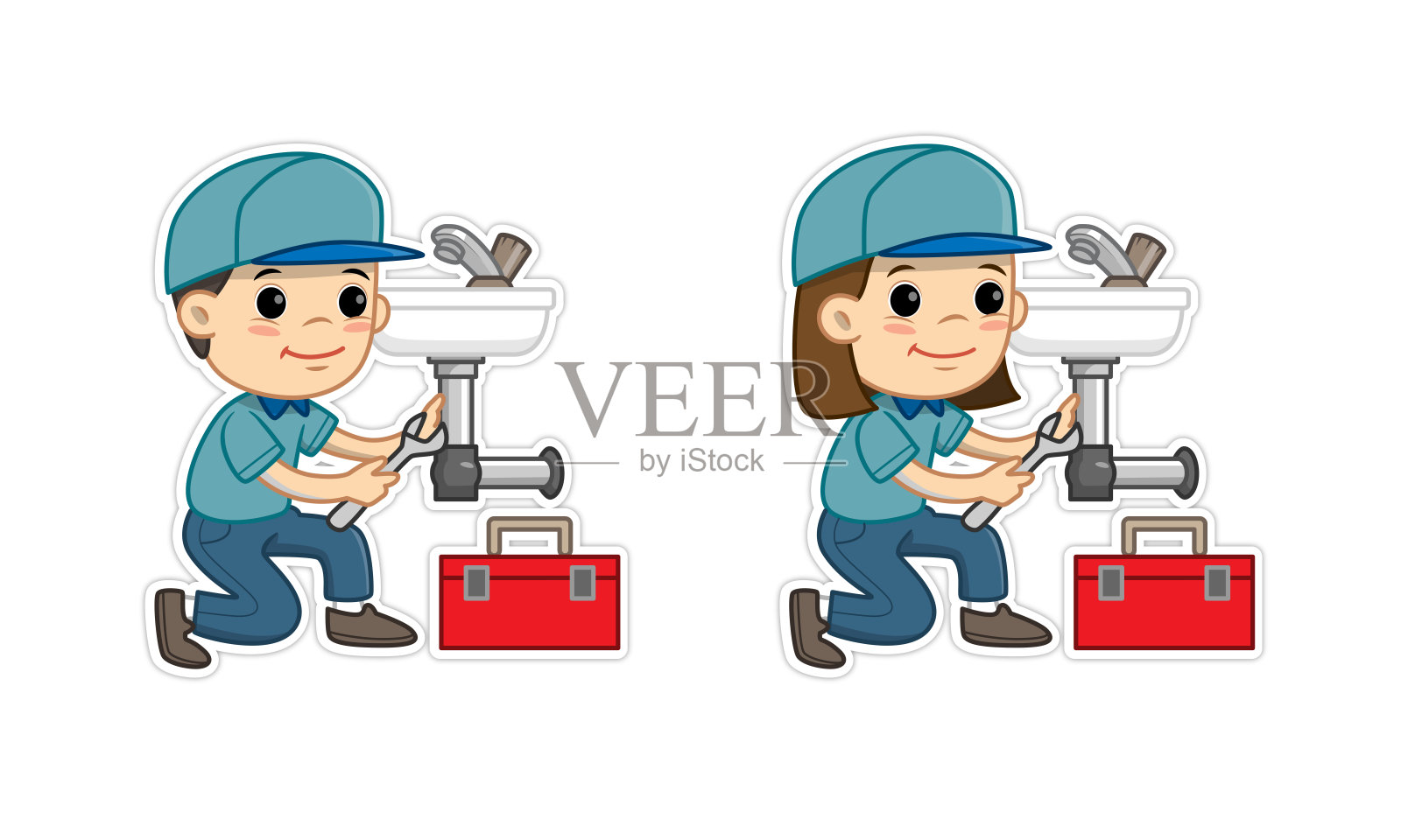 水管工修理水槽管道的矢量插图与可调扳手插画图片素材