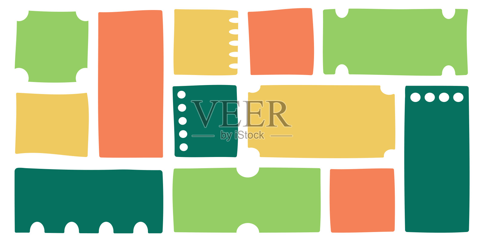 空文本框架与刺伤,手绘门票和优惠券,彩色文本和消息框。矢量插图。插画图片素材