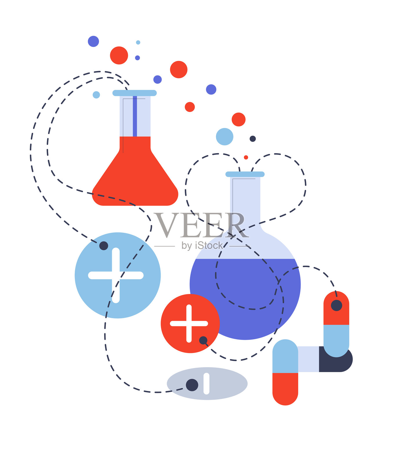 化学烧瓶和漂浮的药片插画图片素材