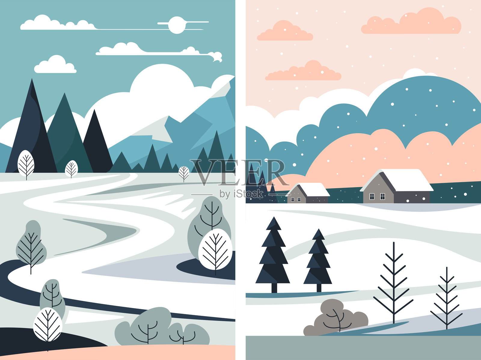 冬季山水风光插画图片素材