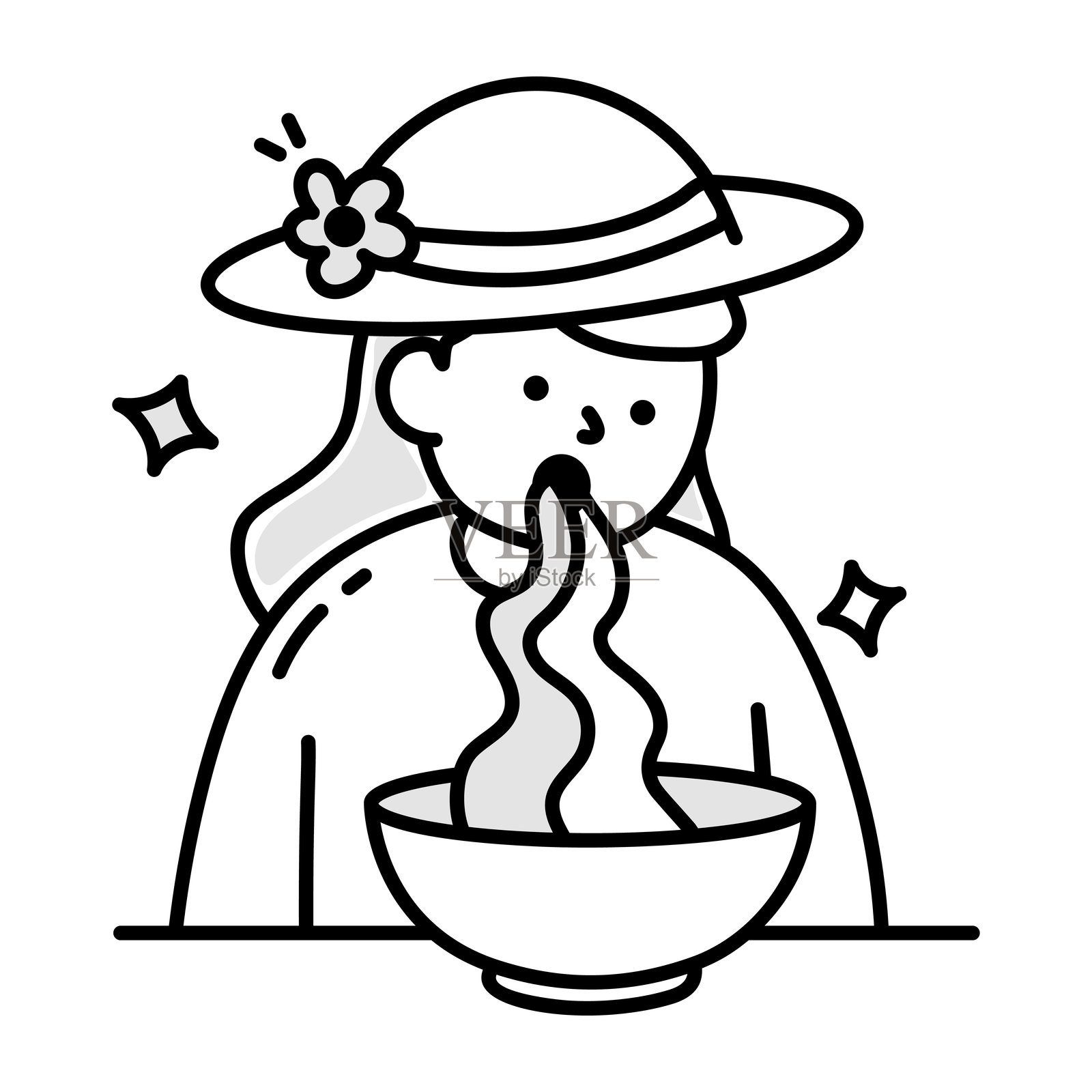 手绘的图标描绘了一个吃面条的女孩插画图片素材