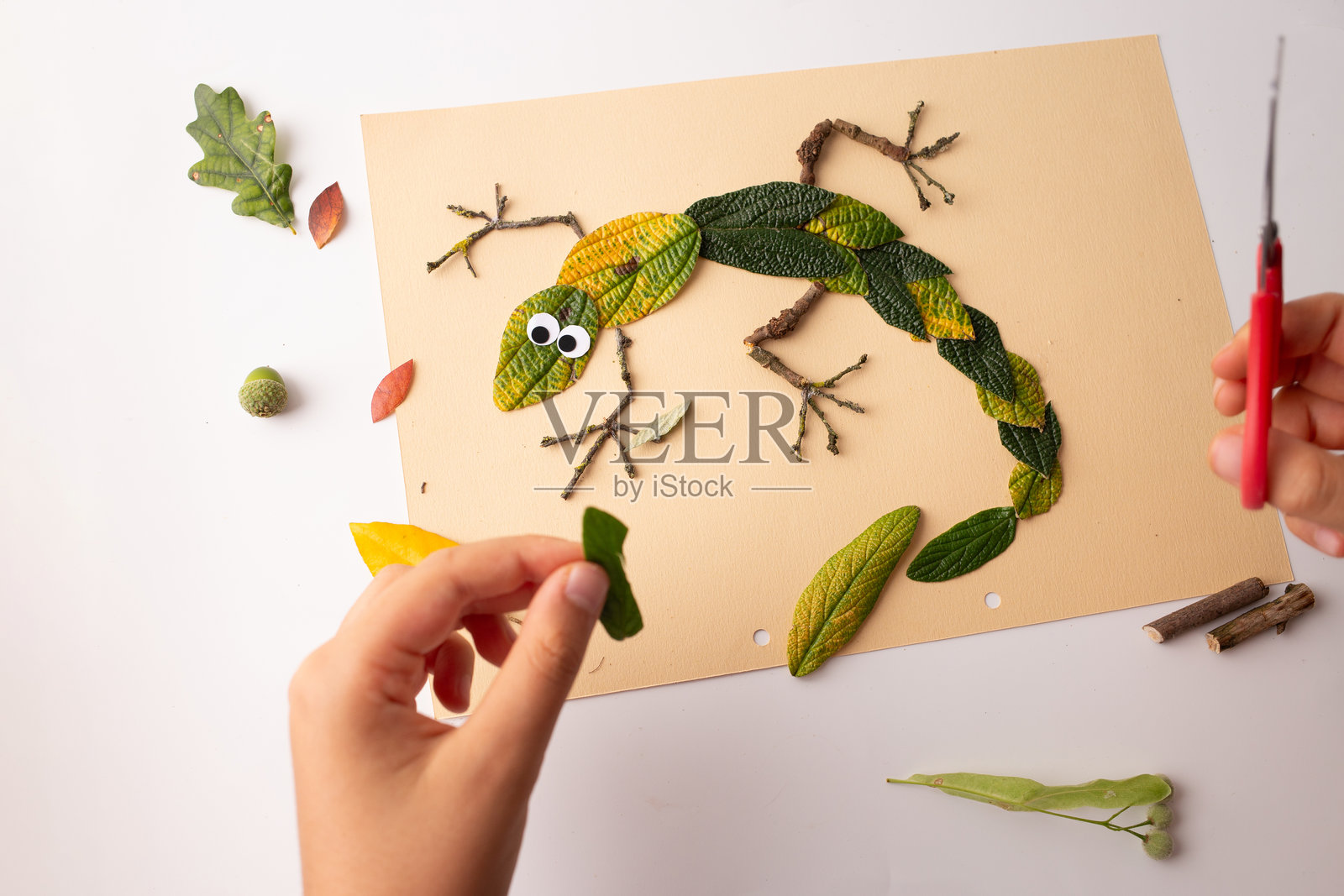 蜥蜴创造性地描绘与自然材料在米色纸背景。照片摄影图片