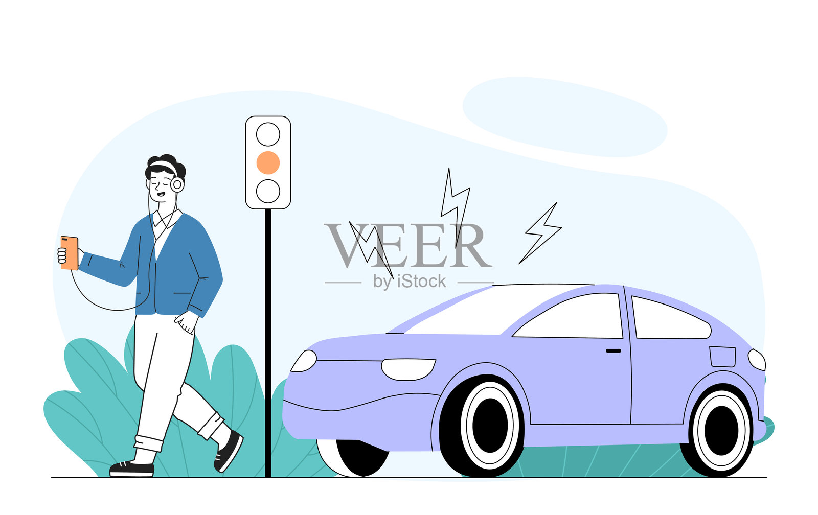 不小心的行人。年轻人拿着播放器和耳机穿过人行横道。违反交通规则的市民。危险和风险。线性向量图解插画图片素材