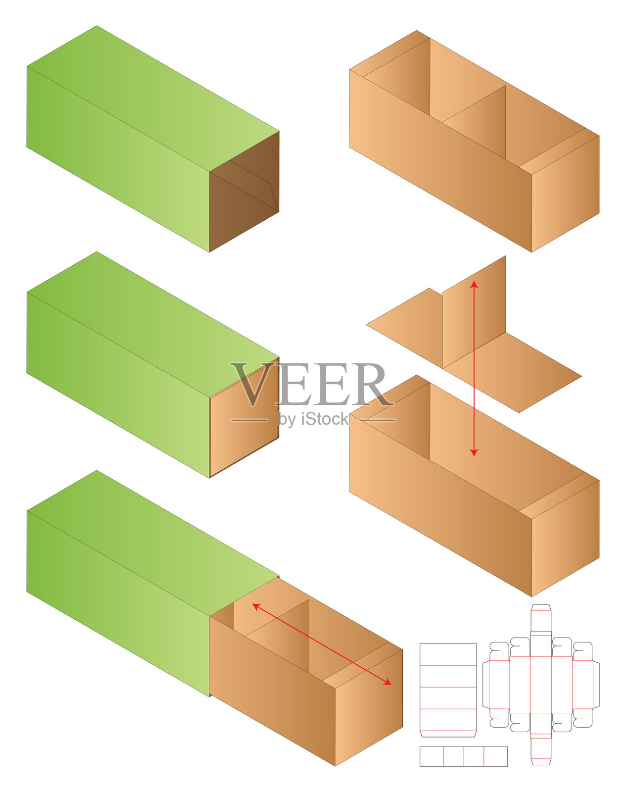 盒包装模切模板设计。三维模型插画图片素材