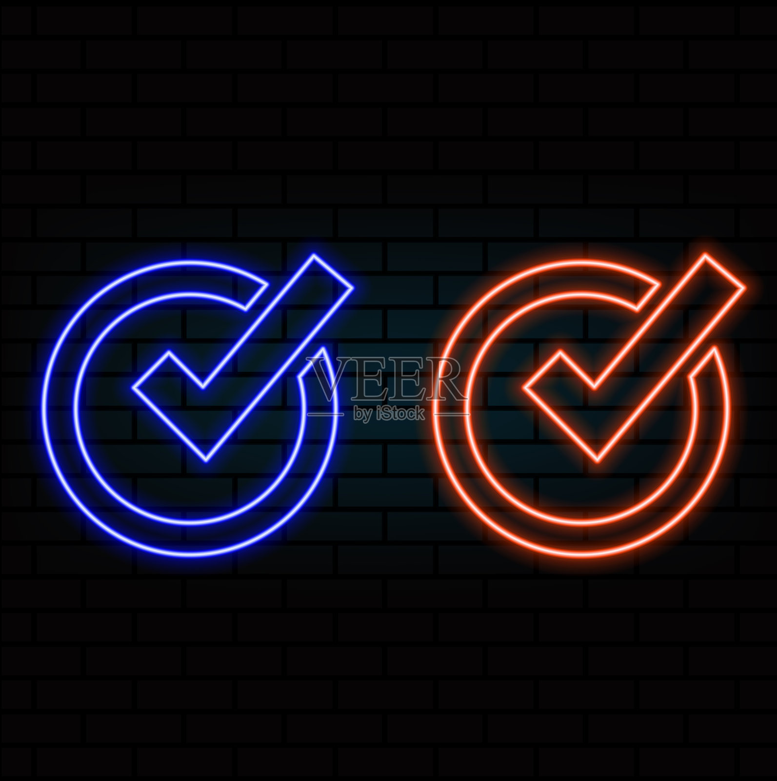 霓虹灯绿色勾标记,现代发光。设计上,黑色背景上的彩色现代设计趋势。矢量插图。插画图片素材