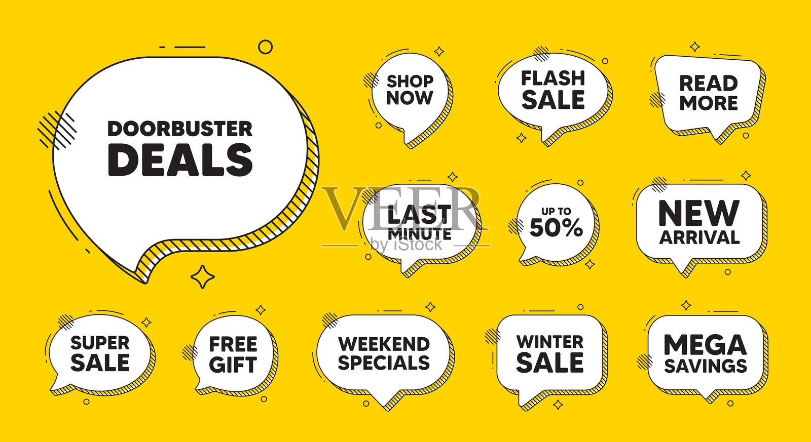 Doorbuster交易标签。特价价格标志。提供语音气泡图标。向量插画图片素材