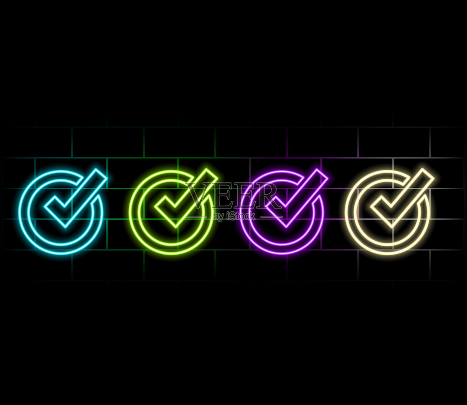 勾勾标志。黑暗中的绿色霓虹灯图标。模糊的闪电。插图。插画图片素材