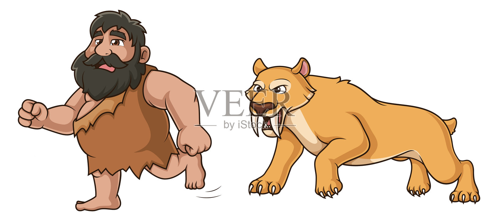 剑齿猫追逐穴居人的卡通插图插画图片素材