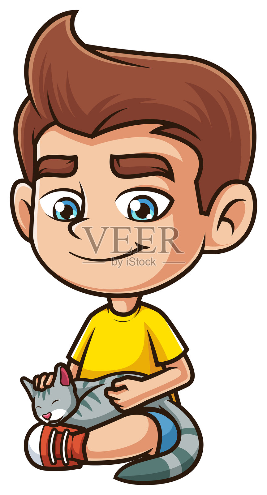 白种人男孩抚摸猫的卡通插画插画图片素材