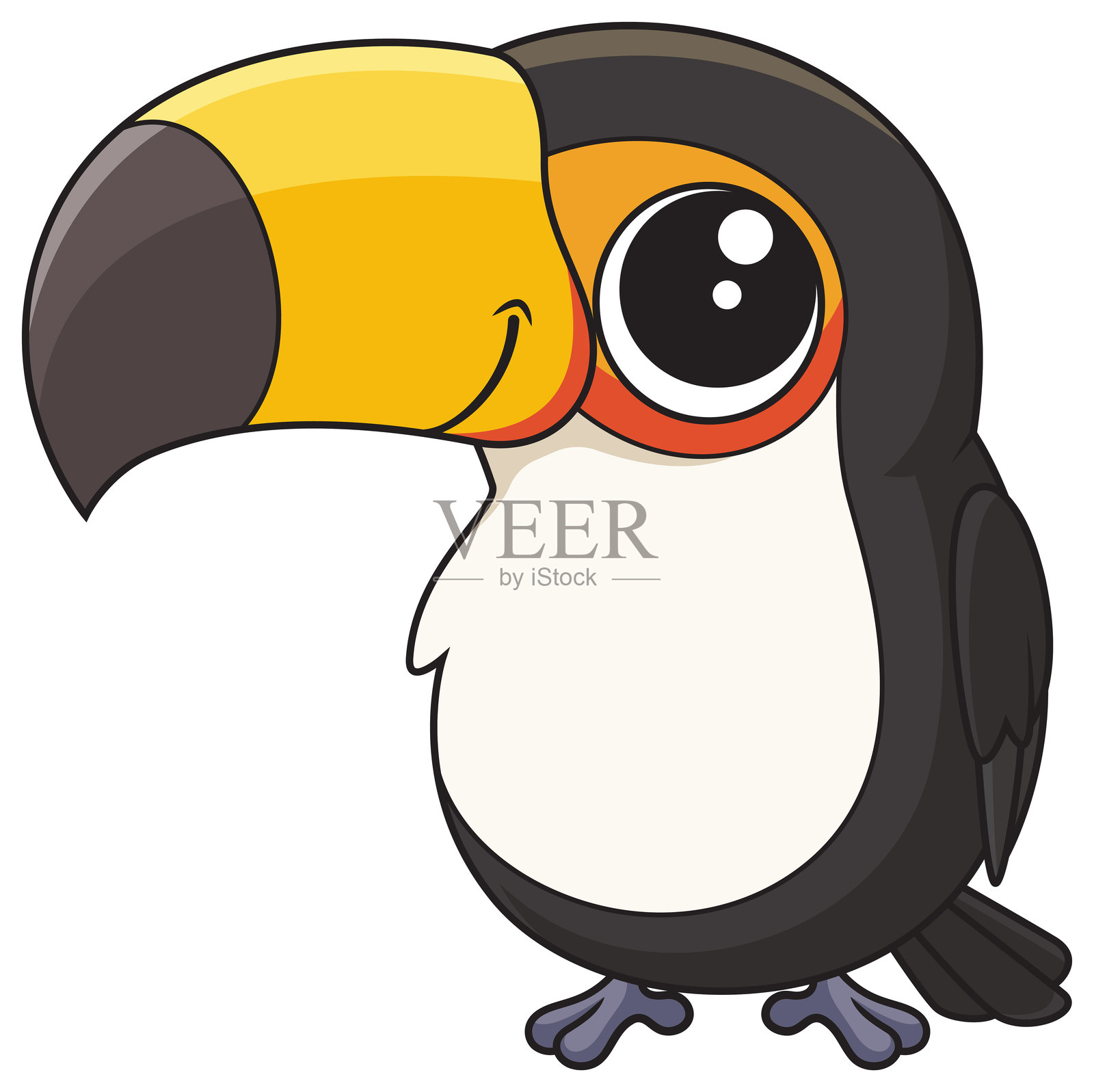 可爱的小巨嘴鸟站着不动,微笑的卡通插画图片素材