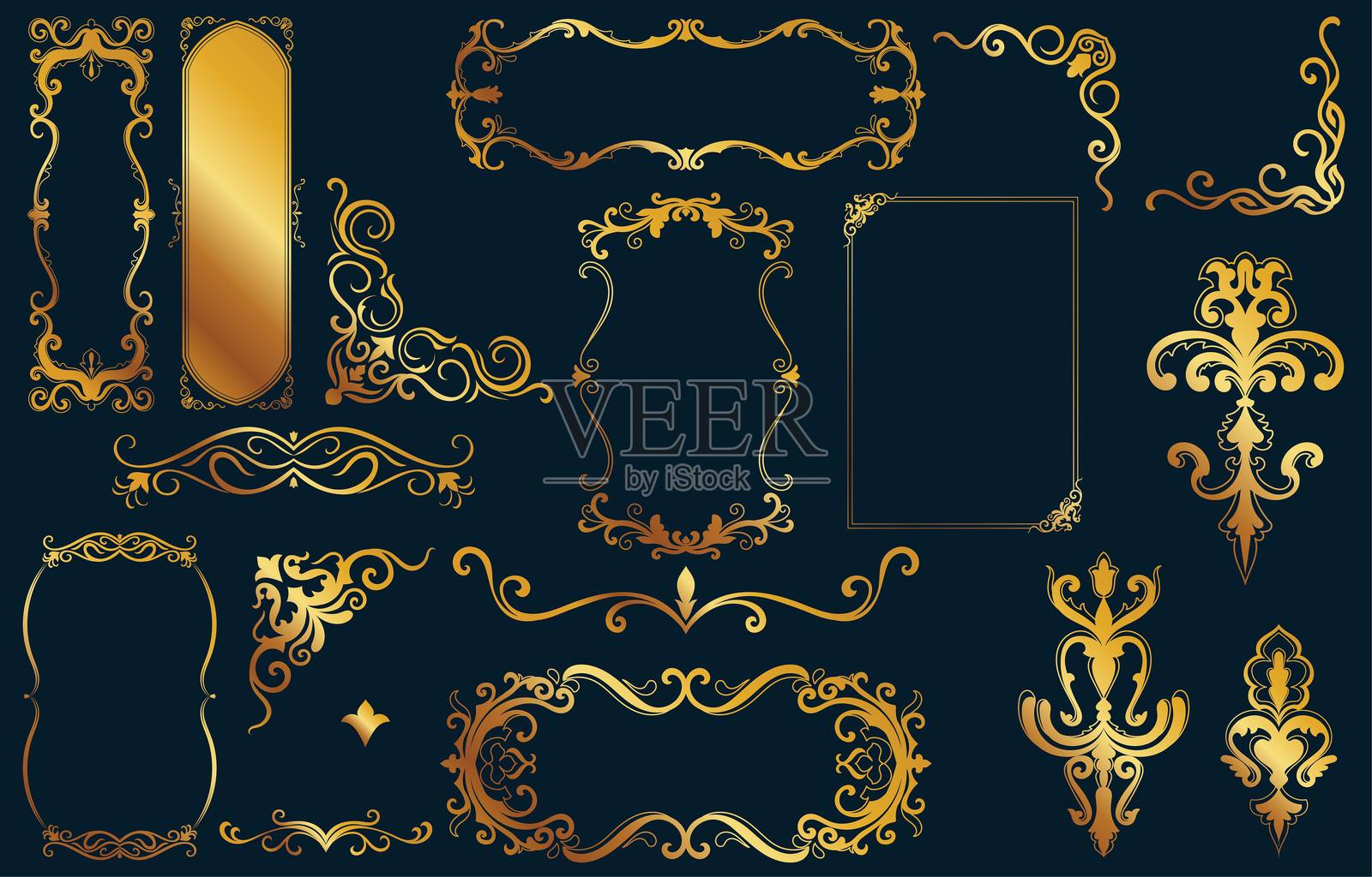 一套矢量豪华金色元素用于装饰角落,经典框架,抽象线条。插画图片素材