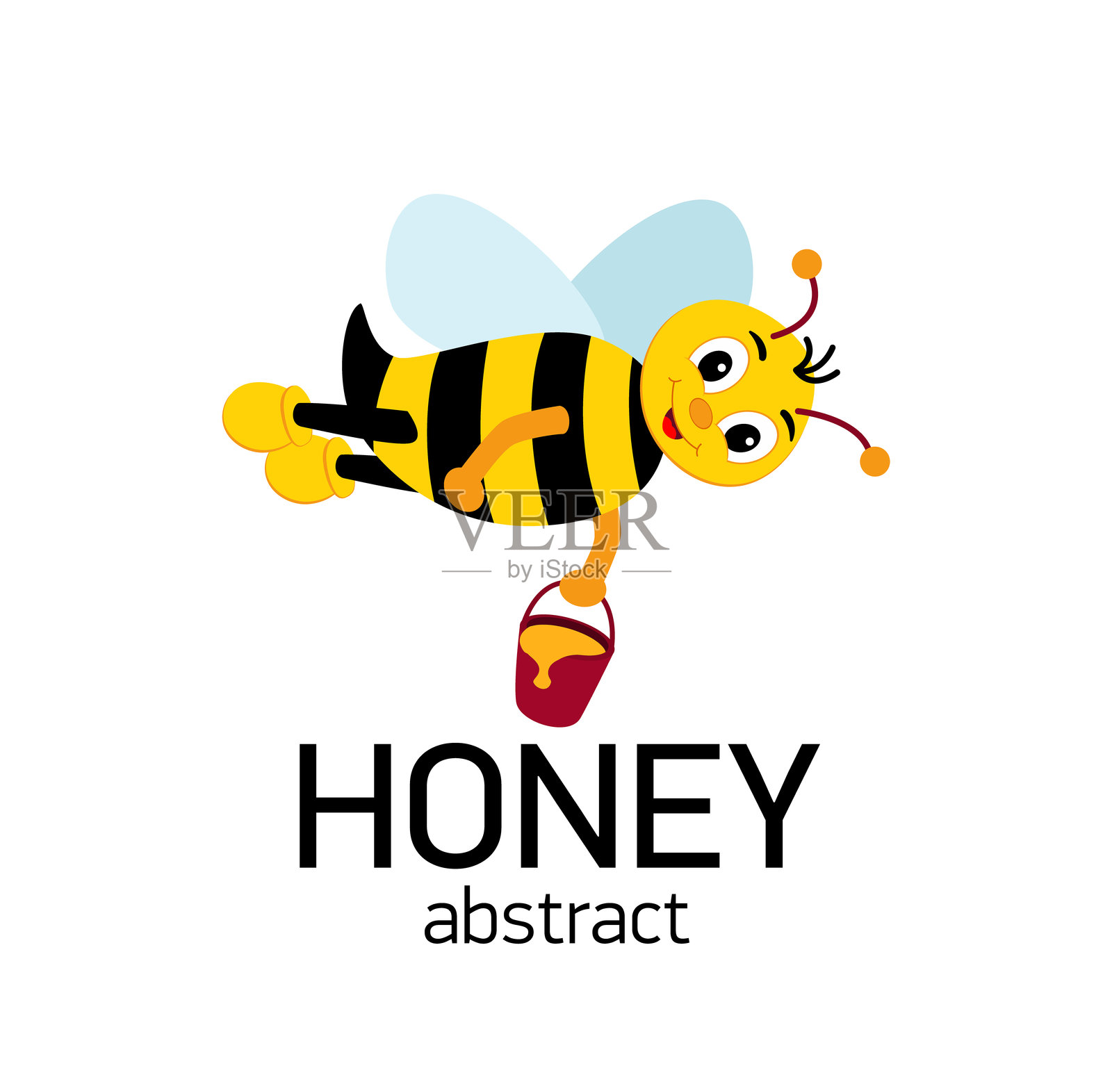 可爱的蜜蜂拿着蜂蜜。快乐的卡通蜜蜂带着一桶蜂蜜飞翔。插画图片素材