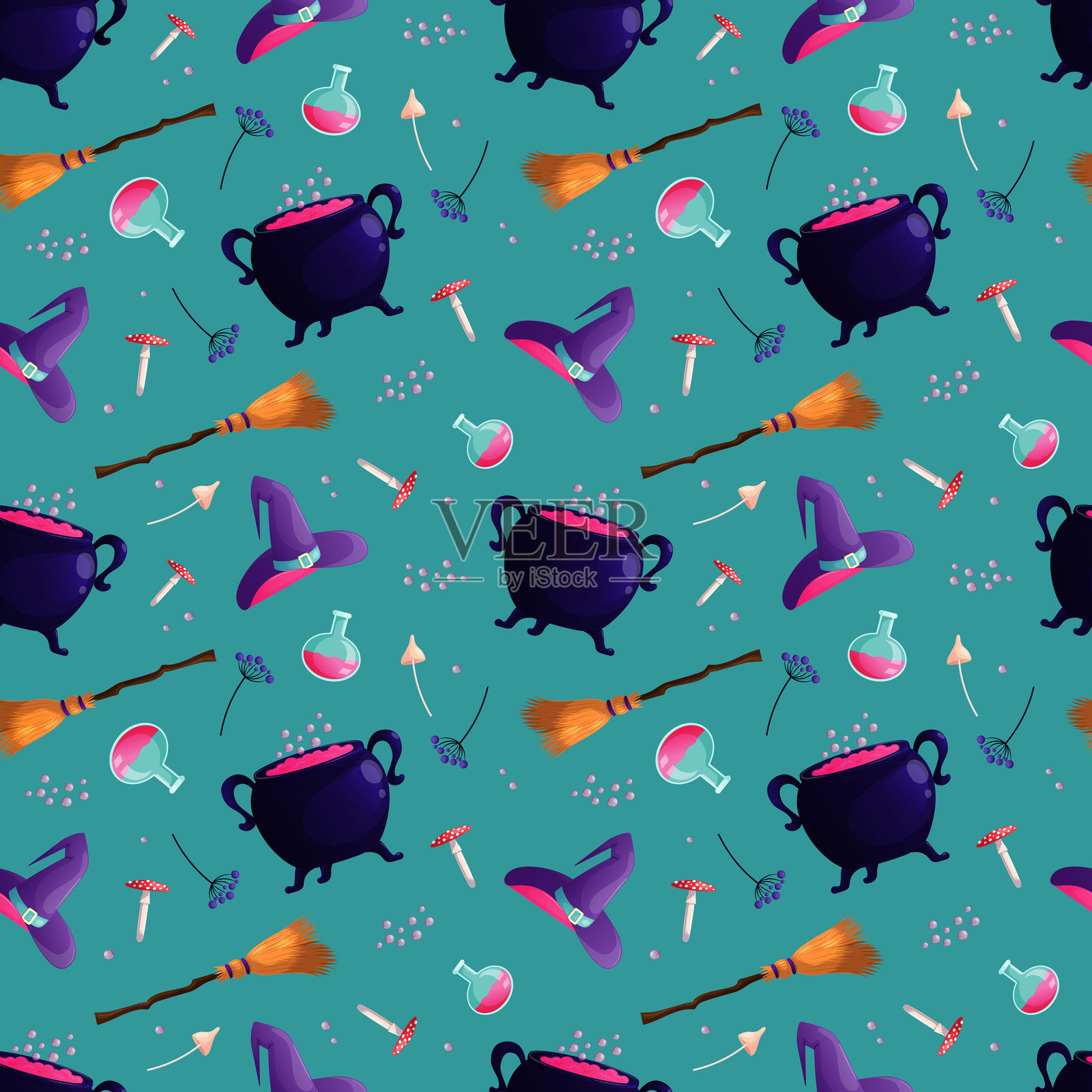 无缝图案的大锅,女巫帽,扫帚,药水,毒蘑菇。可爱的矢量假日插图。蓝色背景。插画图片素材