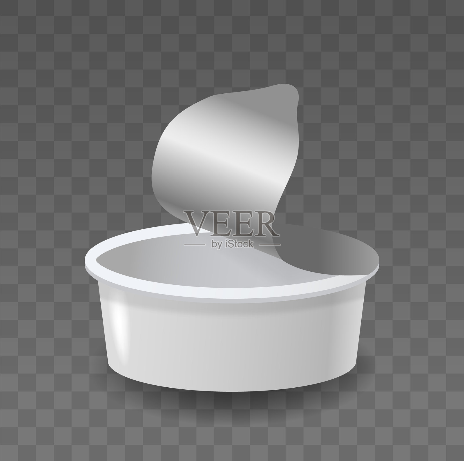 打开酸奶容器与透明背景上的银箔盖。现实的三维矢量模型代表新鲜的乳制品插画图片素材