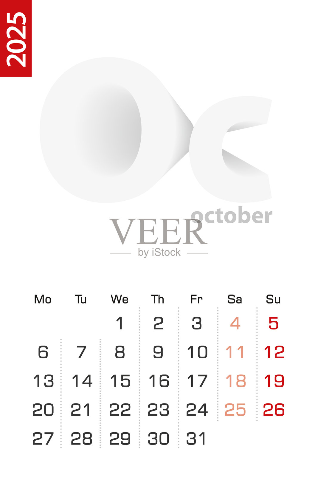 2025年10月的极简日历模板,英文矢量日历。插画图片素材
