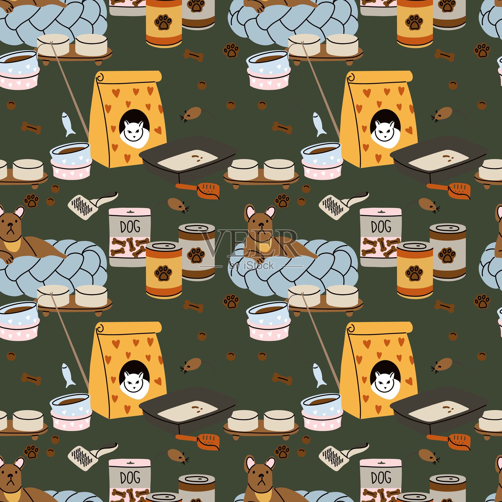 宠物动物配件无缝花纹。狗和猫的房子。笼子和床。食物弓,玩具。兽医店。狗和猫。纺织品包装、墙纸。织物印花。矢量卡通平面集插画图片素材