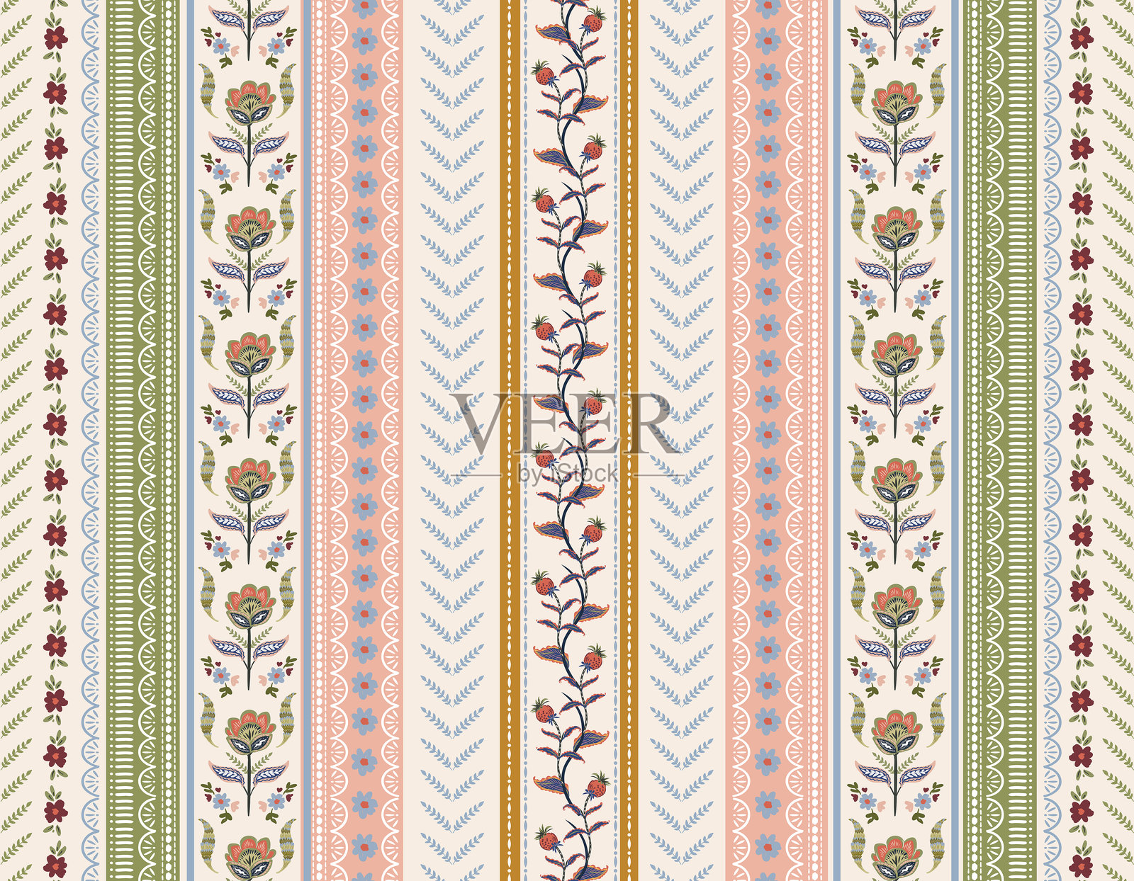 时髦时尚的垂直条纹花卉图案与佩斯利和印度花图案。现代风格的锦缎图案插画图片素材