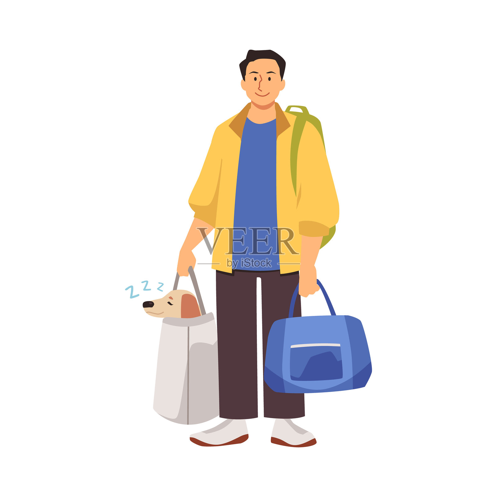 一个人带着一只狗睡在袋子里。带着宠物旅行。插画图片素材