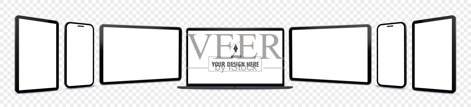 笔记本电脑,平板电脑和手机模型集与透视视图。透明背景上的数字设备屏幕矢量插图模板。插画图片素材